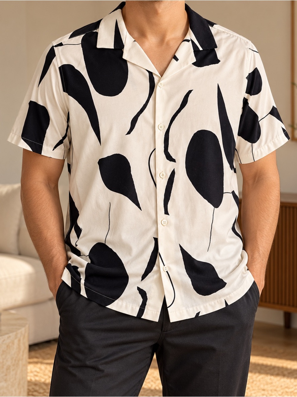 Men's Short-Sleeve Black & White Printed Camp Shirt